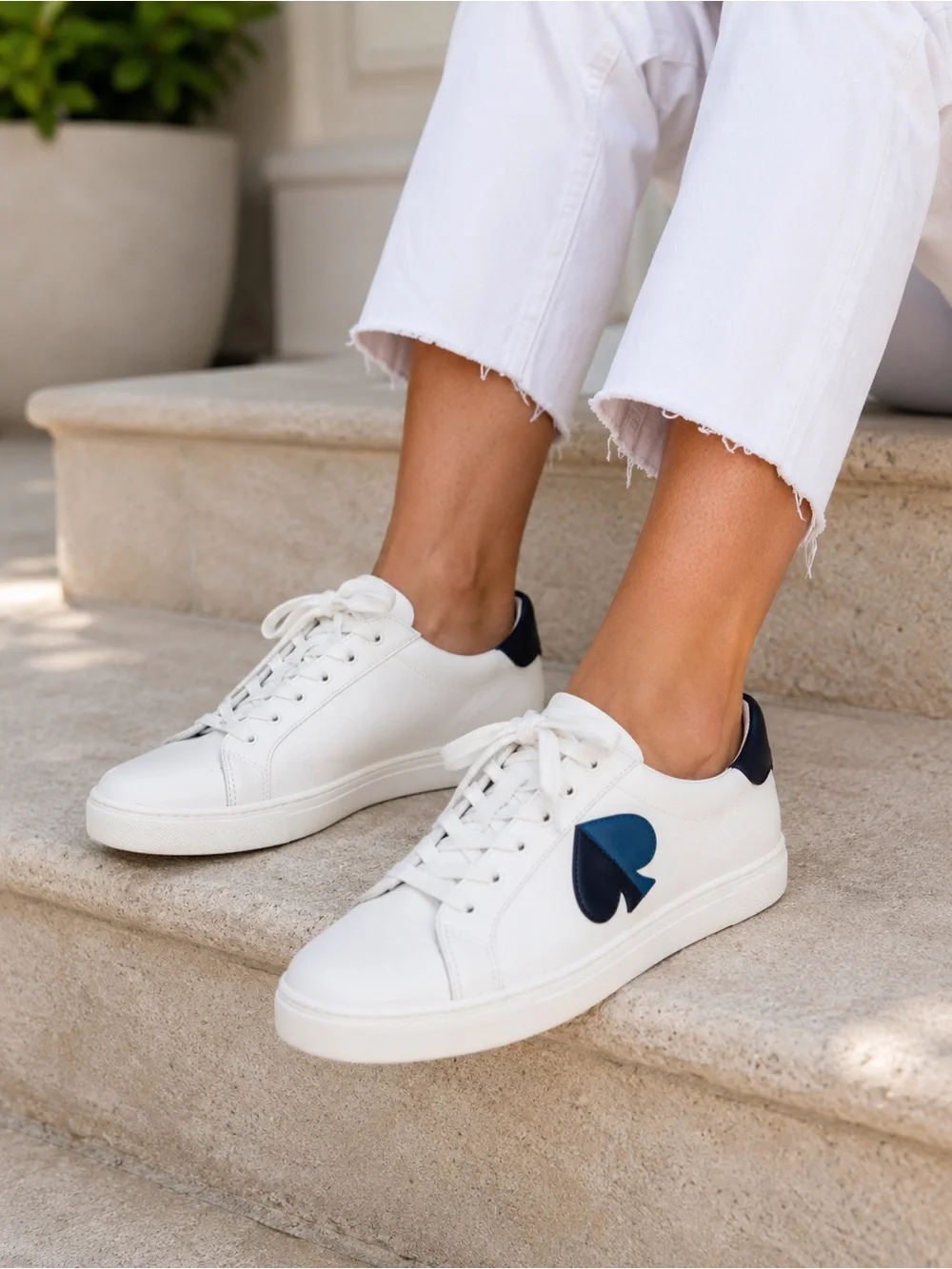 Kate Spade Fez White Leather Sneakers Navy Spade Logo Women’s 7